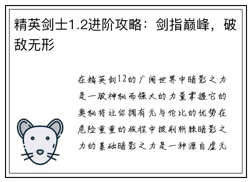 精英剑士1.2进阶攻略:剑指巅峰,破敌无形
